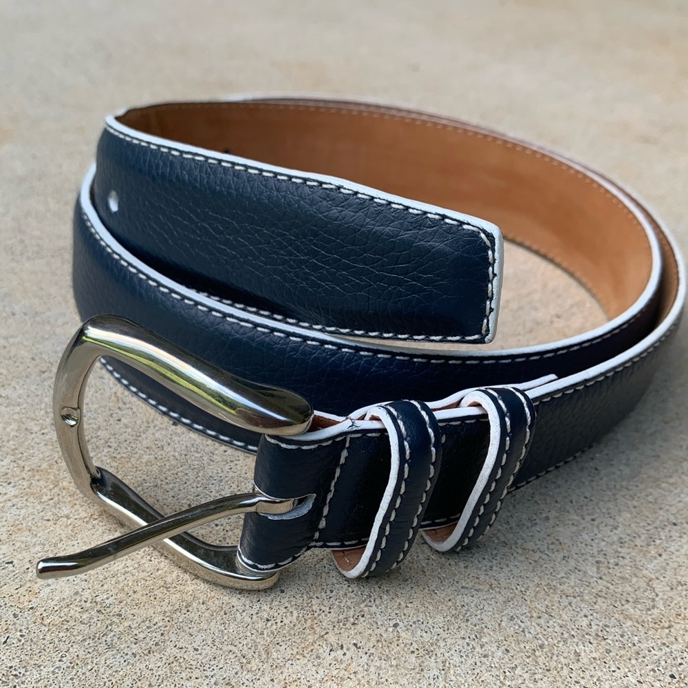 Bobby Jones Navy White Pebbled Leather Belt size 36 Brass Buckle Italy